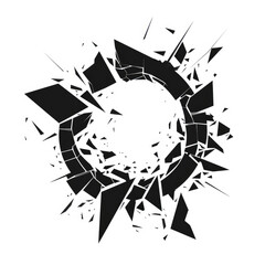 A solid black design of a breaking impact, with pieces scattering outward in a radial pattern.