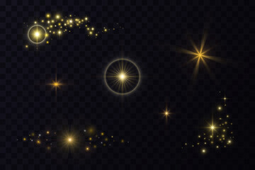 Set of bright glowing stars of different shapes. Hand drawn vector illustration with gradients for design.