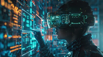 Fototapeta premium controlling holographic interfaces in a futuristic office, surrounded by advanced technology, neon lights, and floating data screens, vibrant colors.