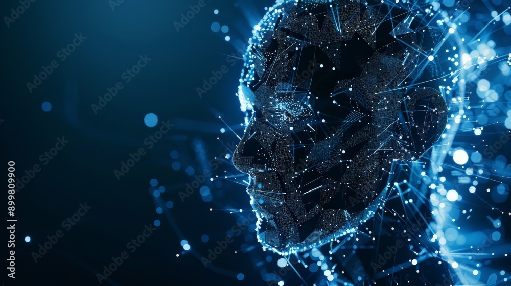 Poster side profile of a digital face with intricate blue light patterns on a dark background. ai and futur