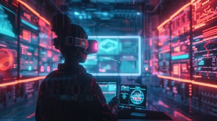 controlling holographic interfaces in a futuristic office, surrounded by advanced technology, neon lights, and floating data screens, vibrant colors.