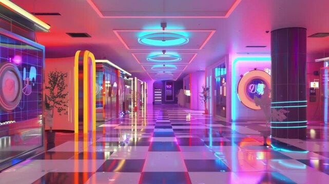 Futuristic synthwave mall with neon storefronts and retro-futuristic decor. Seamless Loop Animation