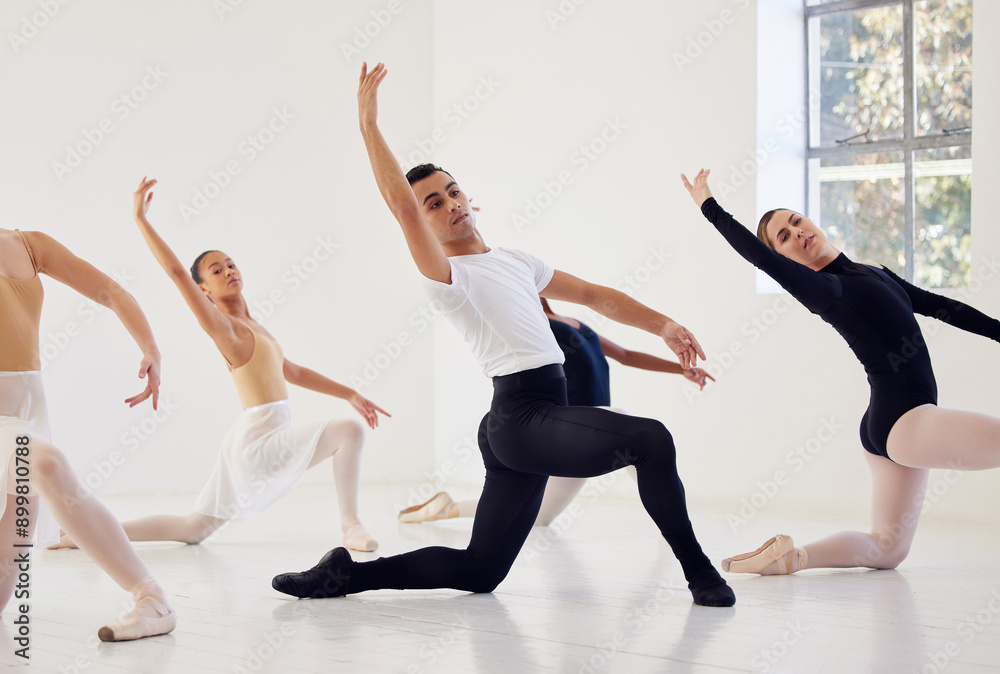 Wall mural Ballet, dancer group and class with routine learning, exercise and training for performance in studio. Diversity, people and wellness of ballerina fitness together with dance balance and flexibility