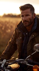 Naklejka premium Man on a Mission: A ruggedly handsome man with a determined gaze, leans back on a vintage motorcycle, bathed in the golden light of a setting sun. He exudes an air of adventure and freedom, capturing 
