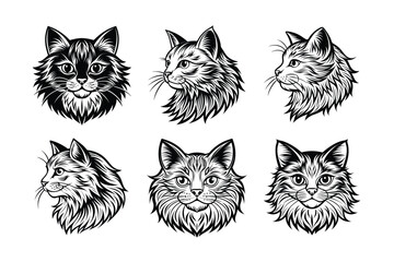 Logo sets of Persian cats, labeled linocut vector illustration.