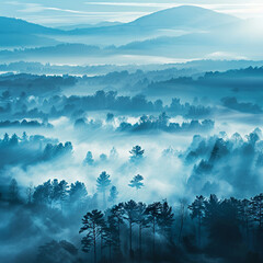 Foggy Landscape. Early Morning on a meadow.