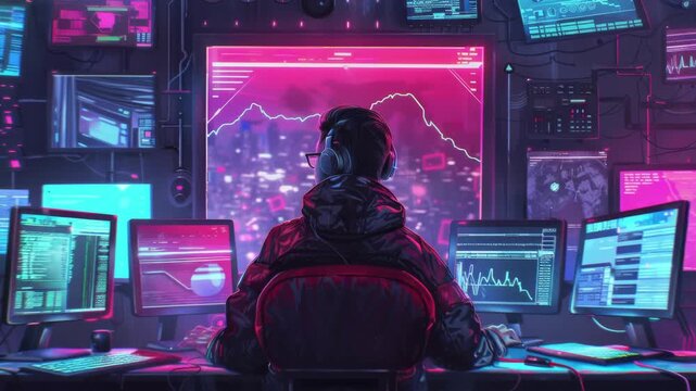 Internet culture in synthwave style with neon-lit screens and a glowing background. Seamless Loop Animation