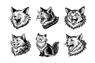 Logo sets of Persian cats, labeled linocut vector illustration.