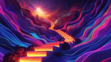 a staircase with numerous obstacles before reaching the final step of success. The staircase should be depicted with flowing lines, vibrant colors.