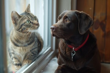 A cat and a dog sitting together by a window. Simple yet heartwarming image showing the bond between a cat and a dog in a home setting. Great for pet-related content. Generative AI