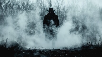 Western movie shot, front view of a cowboy ready to do a duel in middle of a wild west town