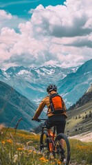 Fototapeta premium A man is riding a bike in a field with mountains in the background
