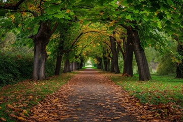 Naklejka premium A scenic path in a park surrounded by trees and covered with fallen leaves, Leaf-carpeted pathway under an old elm tree alley in a park, AI Generated