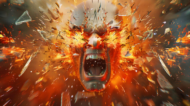 Abstract representation of the concept of anger, rage, aggression. Feeling very angry. Portrait of an aggressive man exploding with anger and breaking into shards of glass