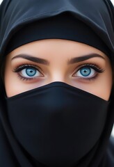 Naklejka premium Portrait of a Woman with Blue Eyes Wearing a Traditional Islamic Women's Headscarf
