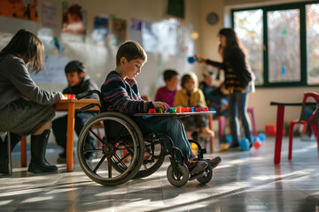 Obraz premium Boy in wheelchair playing with colorful blocks in a bright, Inclusive classroom scene with a boy in a wheelchair engaged in educational activities alongside his classmates, inclusive classroom
