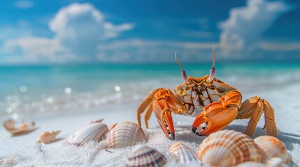 Hermit crabs and seashells on the white sand beach The background is the sea and sky.