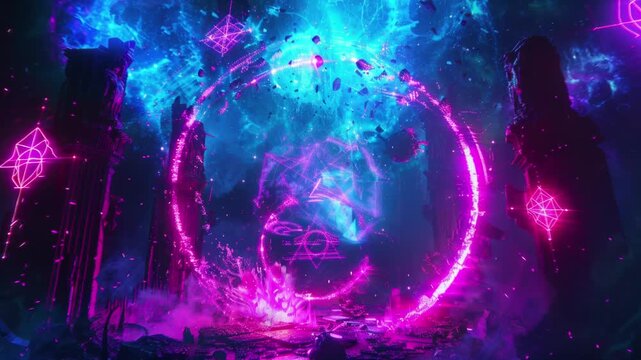 Magic and sorcery in synthwave style with neon spells and a dark background. Seamless Loop Animation