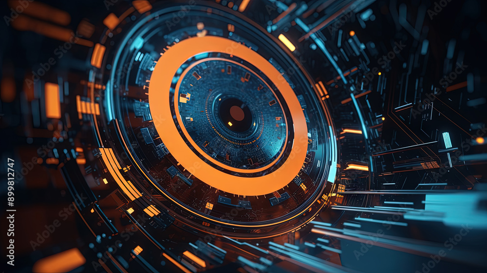 Poster Technology abstract background with hud styled round interface elements in neon tech light.