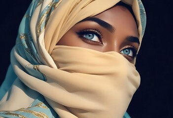 Naklejka premium Intense Gaze of a Woman with Green and Brown Patterned Headscarf Covering Her Face