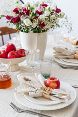 Holiday table decor. Rosh hashanah jewish New Year holiday concept.	