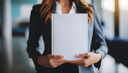 Young woman holds in hand the magazine model the A4 format with a blank white cover as a mock-up.