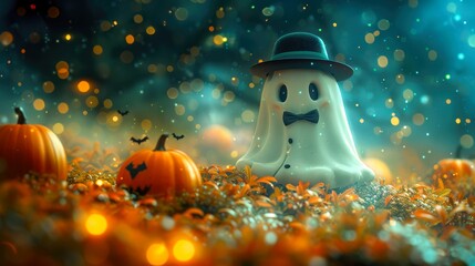 Fototapeta premium A whimsical ghost in a hat surrounded by glowing pumpkins and autumn leaves, perfect for Halloween-themed designs.