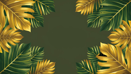 Naklejka premium Luxury gold and nature green background vector. Floral pattern, Golden split-leaf Philodendron plant with monstera plant line arts, Vector illustration.