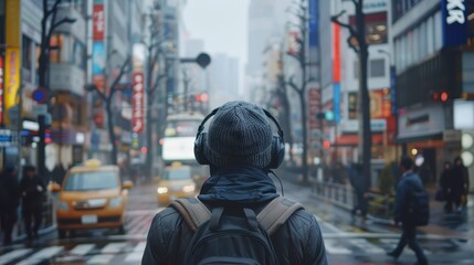 Obraz premium A man dressed in a cool, modern outfit wearing headphones. The background is a busy city.