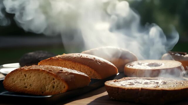 bakery products of different types on a light background. Concept: bakeries