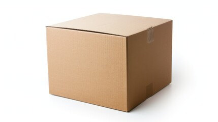 Simple cardboard box, closed and standing upright, isolated on a white background