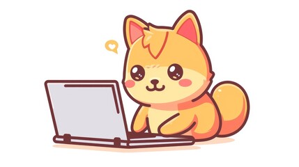 A cartoon orange cat is using a laptop, surrounded by heart icons