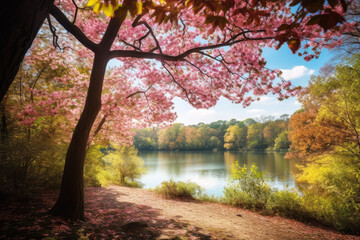 generated illustration of amidst the soft sunlightand  blooming cherry trees by lake