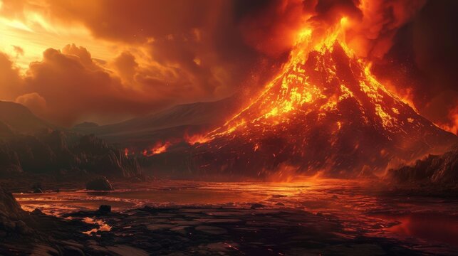 An awe-inspiring photograph of a majestic volcanic eruption, with fiery lava and ash billowing into the sky. The intense colors and powerful natural event make this image perfect for themes of earth's