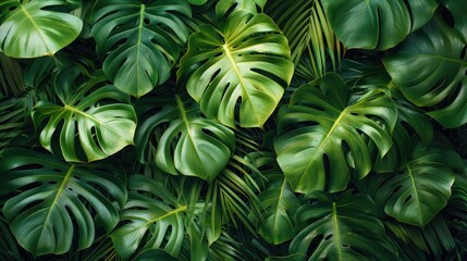 Lush green monstera leaves with unique holes and patterns, natural background