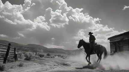 Fototapeta premium A cowboy on horseback rides through a dusty path in a rural setting. Dramatic clouds fill the sky, enhancing the rugged and adventurous mood of the scene, typical of the American West.