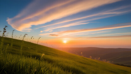 A stunning sunset over a rolling hillside with golden light
