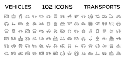 Travel and Transport line icon set. Containing car, bike, plane, train, bicycle, motorbike, bus and scooter icons. Transportation Simple line icon collections
