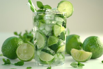 Refreshing Mojito with Fresh Lime and Mint Leaves in Glass Mug
