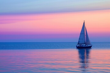 Fototapeta premium A sailboat is navigating through the vast ocean at sunset, illuminated by the warm glow of the fading sun, Lone sailboat drifting in calm ocean at dawn, AI Generated