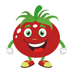 Illustration of a red smiling tomato with arms and legs.Vector illustration on a white background.Suitable for labels, corporate identities, decorative elements.