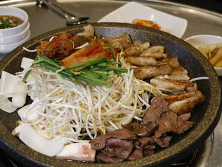 Korean food. Grilled Gopchang beef intestines. Korean Street Food.