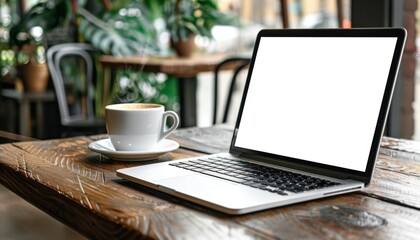 Realistic Mockup: Laptop with Blank Screen on Wooden Table in Cozy Cafe Setting. Perfect Template for Text Advertisements, Product Showcases, or Digital Marketing Campaigns. 4K High-Definition Visuali
