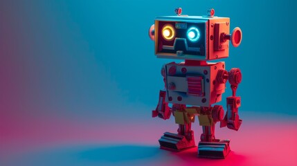 Fototapeta premium A charming retro toy robot standing on a vibrant gradient background. The robot features colorful lights and detailed mechanical parts, evoking a nostalgic and playful mood suitable for vintage and