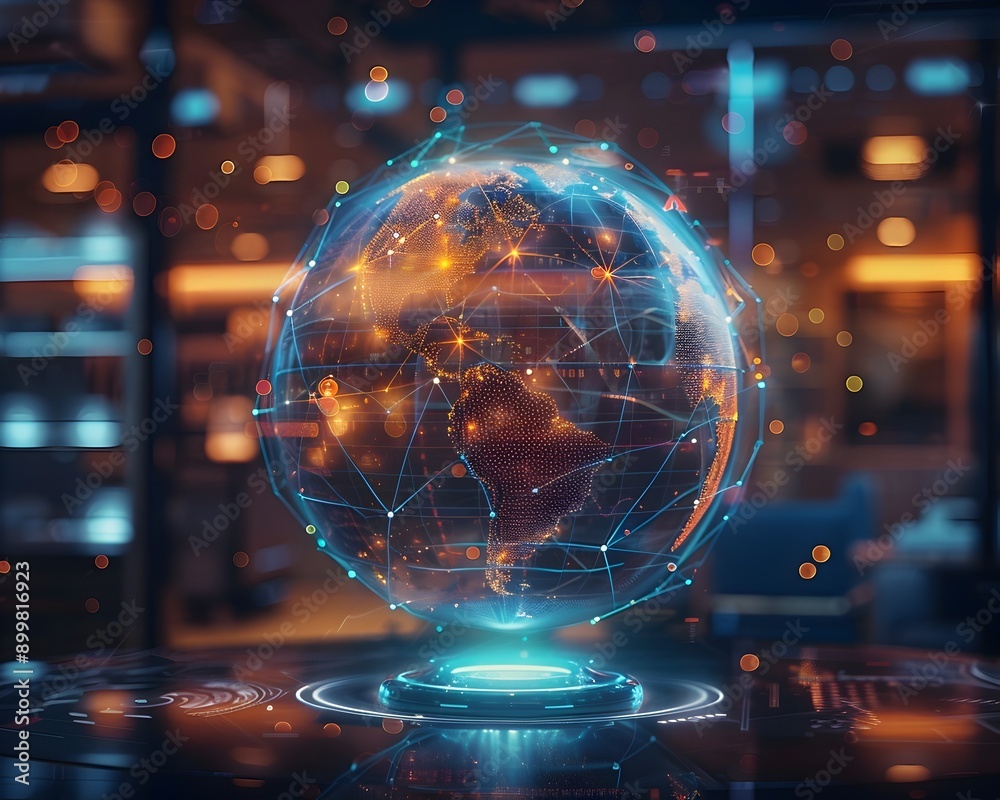 Poster holographic globe displaying real time data analytics in modern office setting