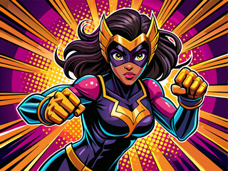 Pop art comic book style super heroine Wearing a mask punching with female superhero costume poster.