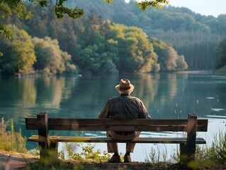 Elderly Man Enjoying Peaceful Moment Overlooking Serene Lake in Autumn Forest
