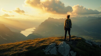 Fototapeta premium A hiker with a backpack stands atop a mountain, looking out over a serene lake and mountain range bathed in the warm light of sunrise. The image captures the spirit of adventure, solitude, and the awe