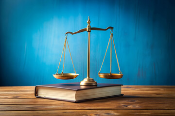 law book and scales on the table with a blue background, representing an oasis for legal services Generative AI