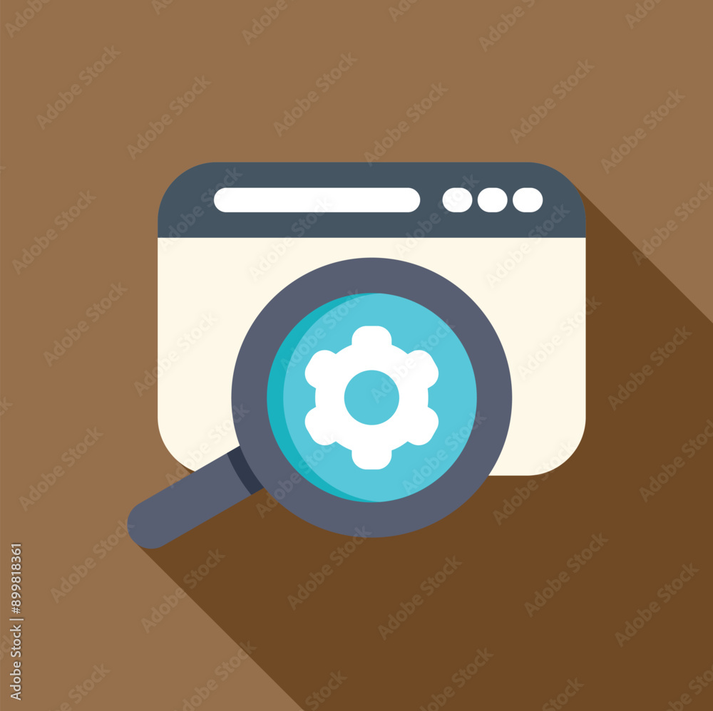 Wall mural magnifying glass with gear wheel analyzing website browser window, finding a solution for website de